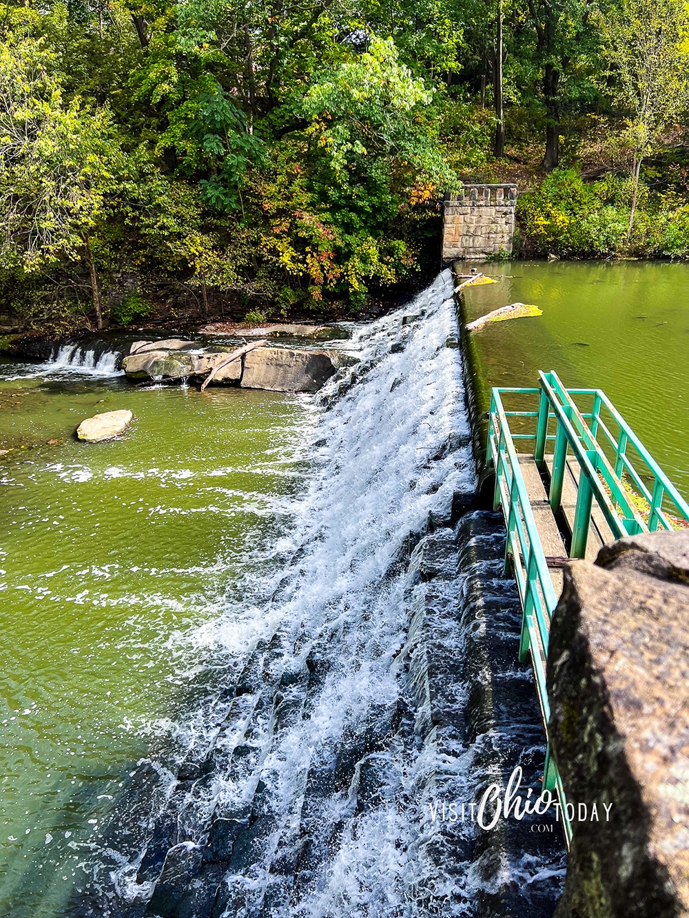 vertical photo of the dam that fills Lake Newport at Mill Creek Park. Photo credit: Cindy Gordon of VisitOhioToday.com