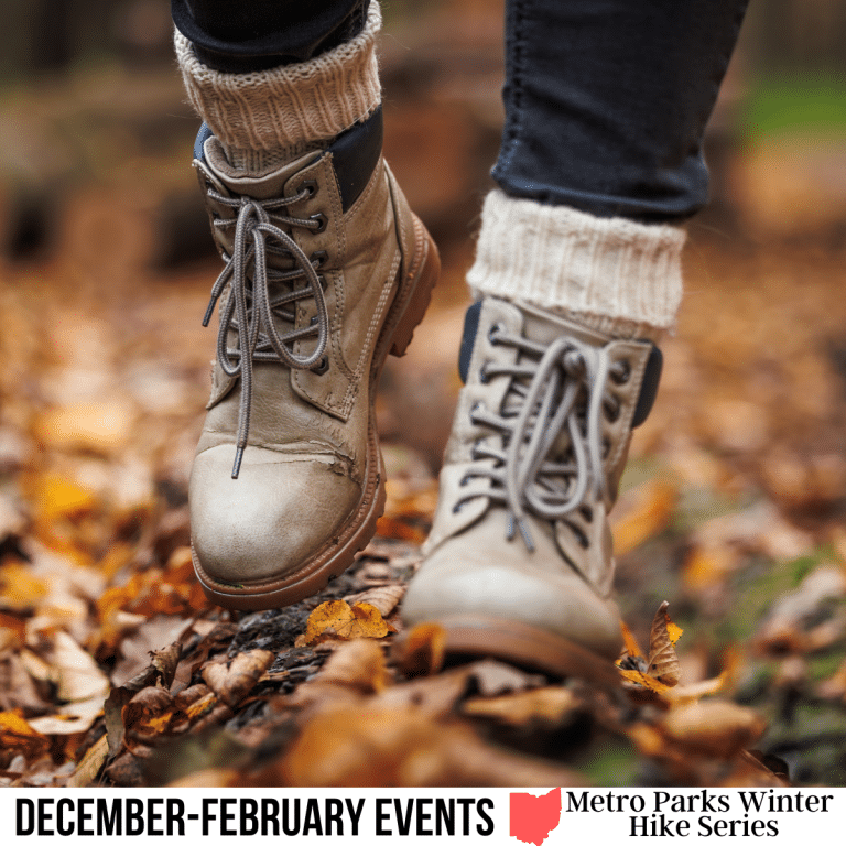 square image with a photo of the boots of a hiker in winter. A white strip across the bottom has the text December-February Events. Metro Parks Winter Hike Series