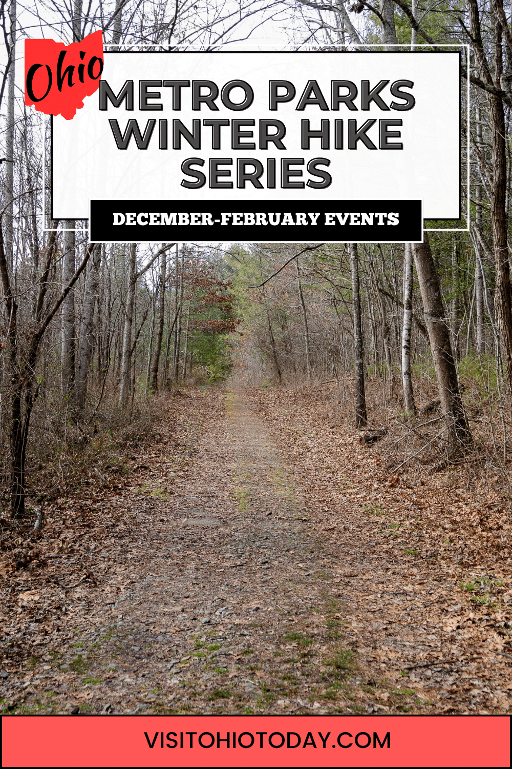 vertical image for Pinterest with a photo of a hiking trail in winter with bare trees on either side of the trail. A white box at the top contains the text Metro Parks Winter Hike Series