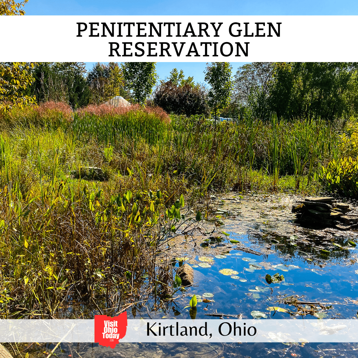 square image with a photo of the creek at Penitentiary Glen. A white strip across the top contains the text Penitentiary Glen Reservation, and a white strip across the bottom has the text Kirtland, Ohio