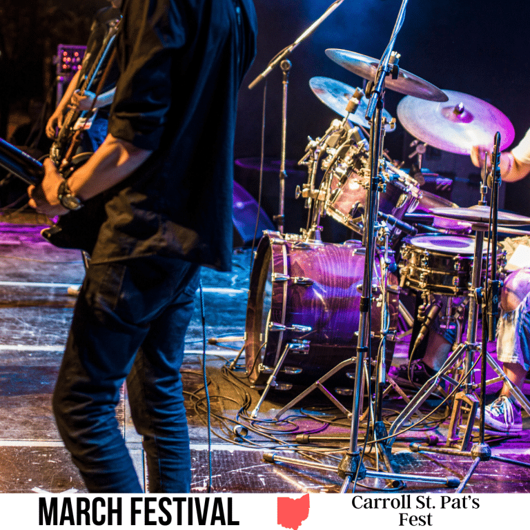 square image with a photo of a music band. A white strip across the bottom has the text March Festival. Carroll St. Pat's Fest