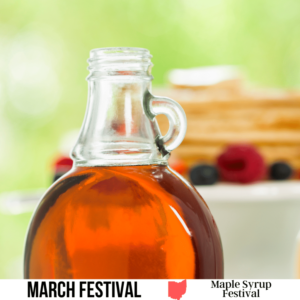 A square image of a photo of an open bottle of maple syrup, with a plate of pancakes and fruit in the background. A white strip across the bottom has text March Festival Maple Syrup Festival.