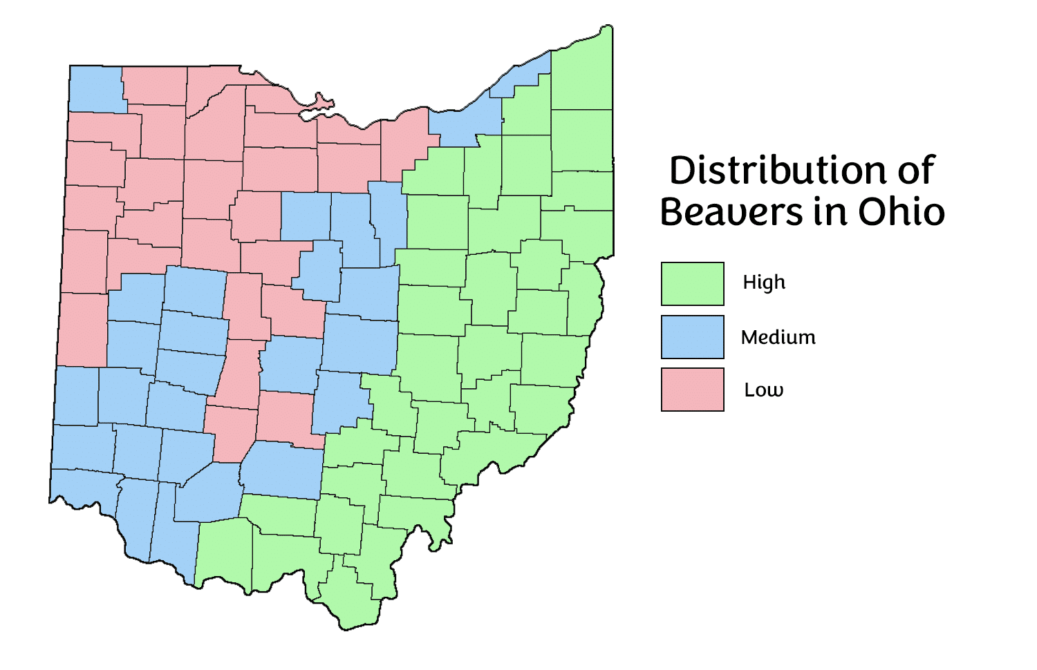 horizontal image showing a map of Ohio with the distribution of beavers in different colors