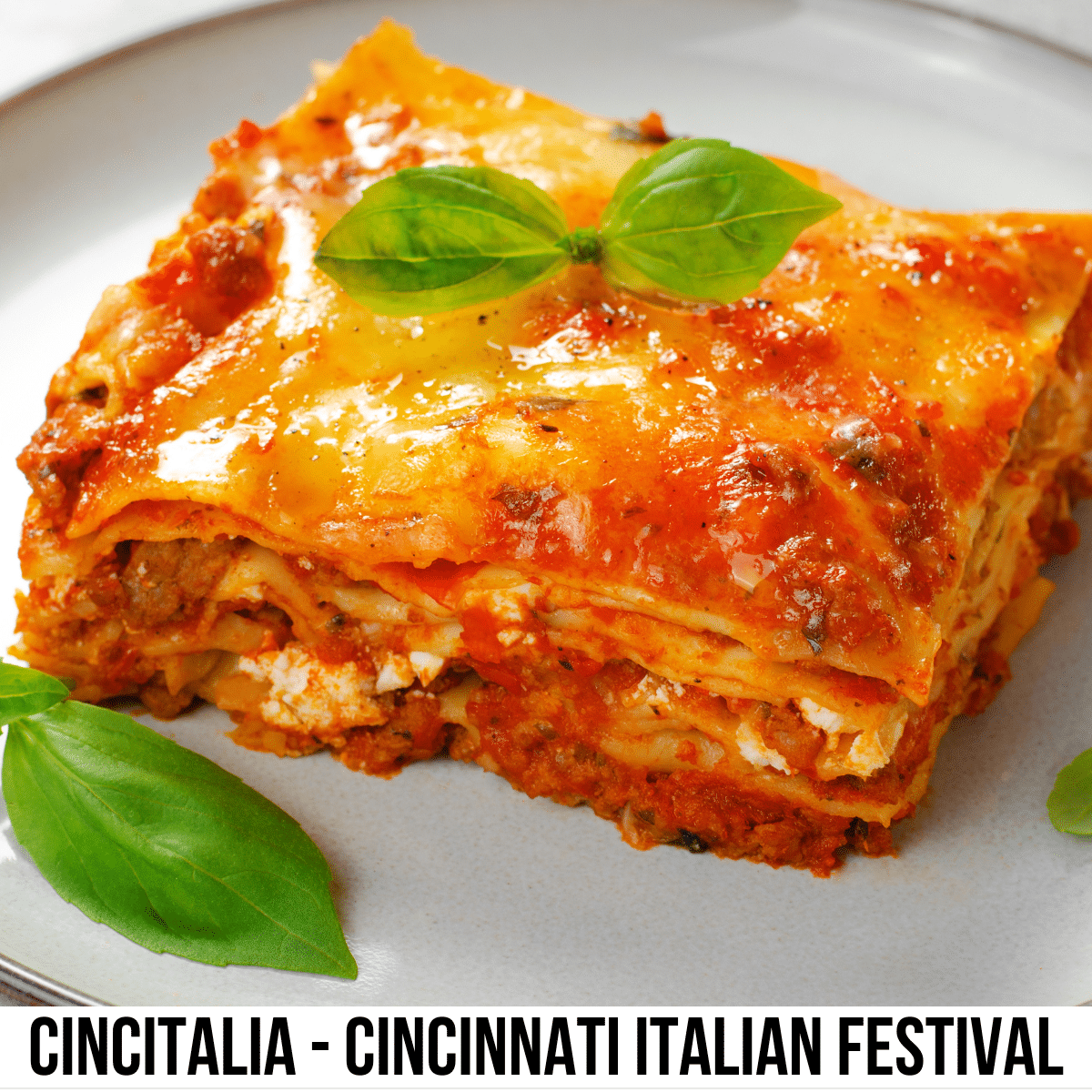 square image with a photo of a slice of lasagna on a white plate. A white strip across the bottom has the text CincItalia – Cincinnati Italian Festival