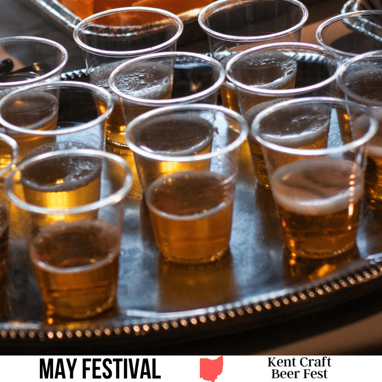 square image with a photo of a tray of craft beer samples. A white strip across the bottom has the text May Festival. Kent Craft Beer Fest