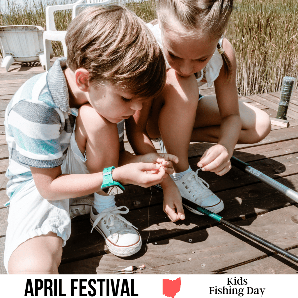 square image with a photo of two children putting bait on a fishing hook. A white strip across the bottom has the text April Festival. Kids Fishing Day