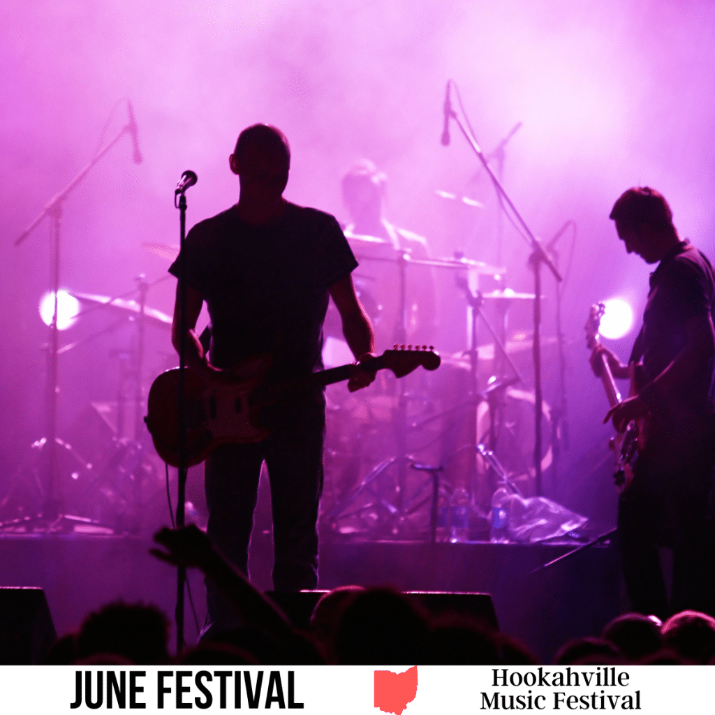 square image with a photo of a band on stage. A white strip across the bottom has the text June Festival. Hookahville Music Festival