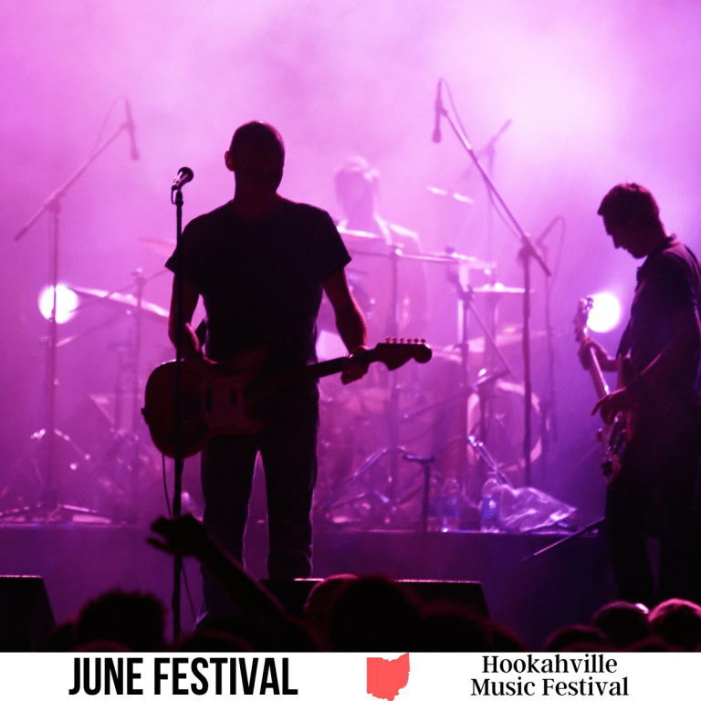 square image with a photo of a band on stage. A white strip across the bottom has the text June Festival. Hookahville Music Festival