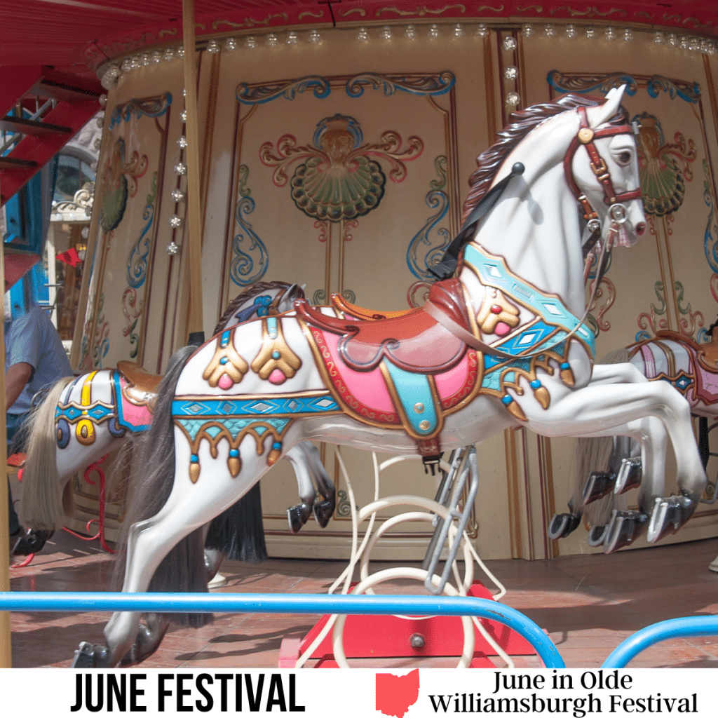 square image with a photo of a carousel horse. A white strip across the bottom has the text June Festival. June in Olde Williamsburgh Festival