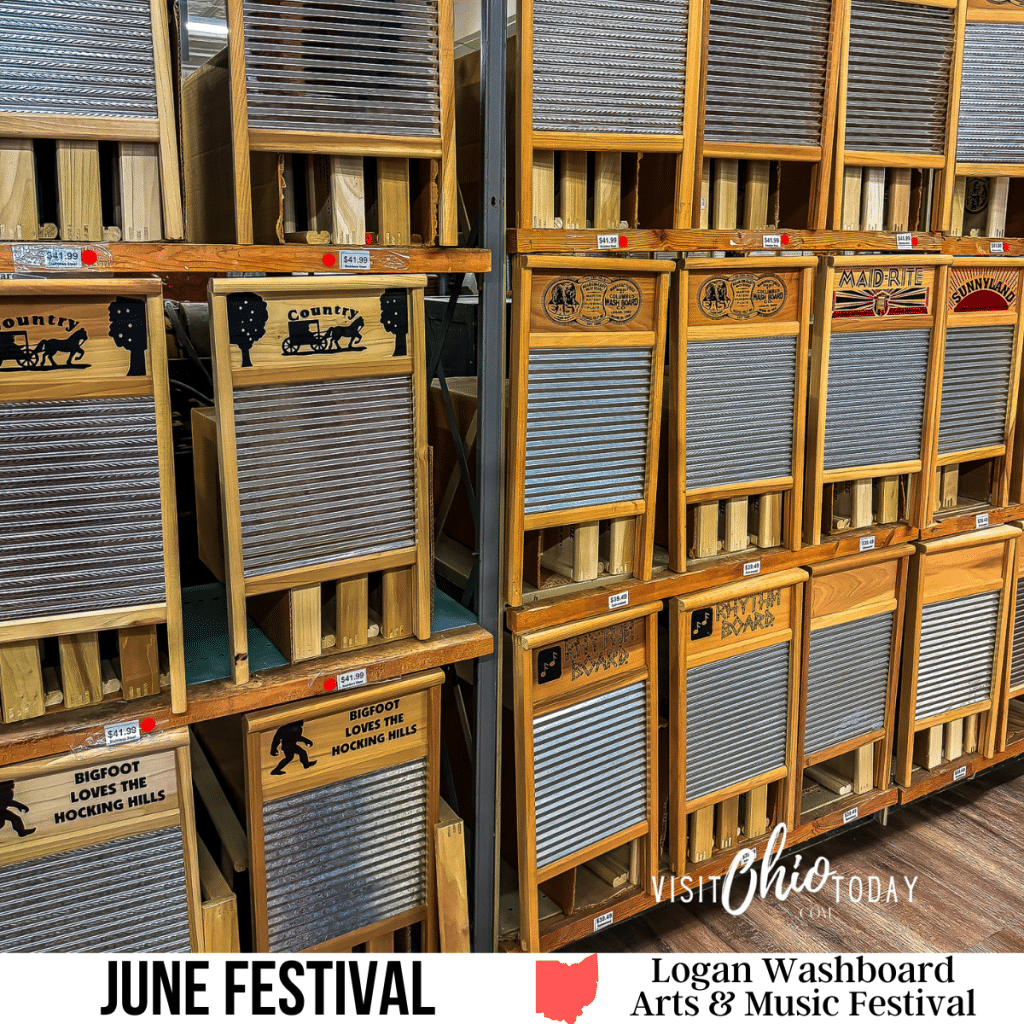 square image with a photo of a display of washboards at the Columbus Washboard Co. A white strip across the bottom has the text June Festival. Logan Washboard Arts & Music Festival. Photo credit: Cindy Gordon of VisitOhioToday.com