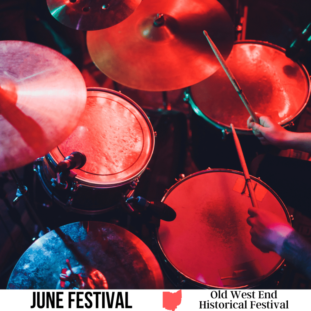 square image with an overhead photo of a drummer playing. A white strip across the bottom has the text June Festival. Old West End Historical Festival