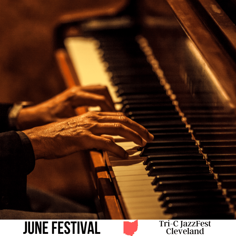 square image with a close up photo of a man playing jazz piano. A white strip across the bottom has the text June Festival. Tri-C JazzFest Cleveland