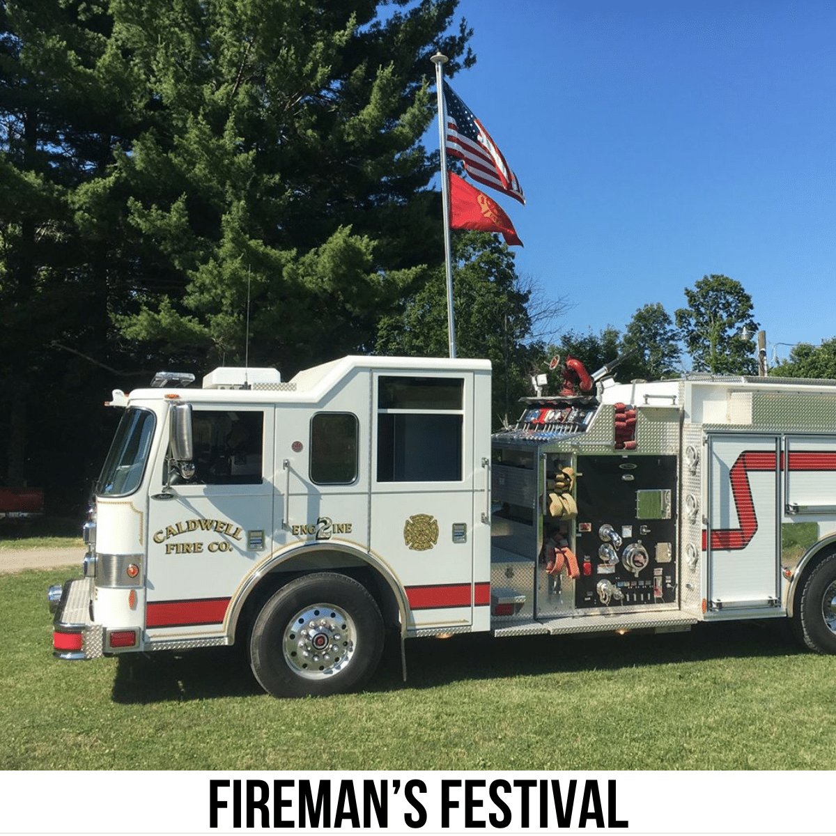 square image with a photo of a fire truck. A white strip across the bottom has the text Fireman's Festival