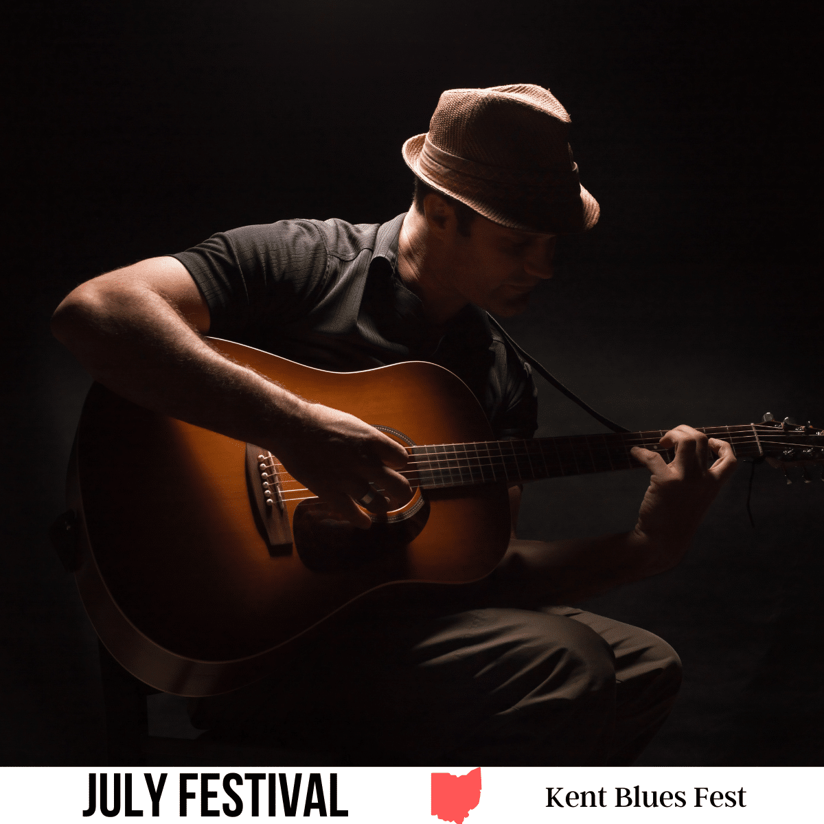 square image with a darkened photo of a guitar player. A white strip across the bottom has the text July Festival. Kent Blues Fest