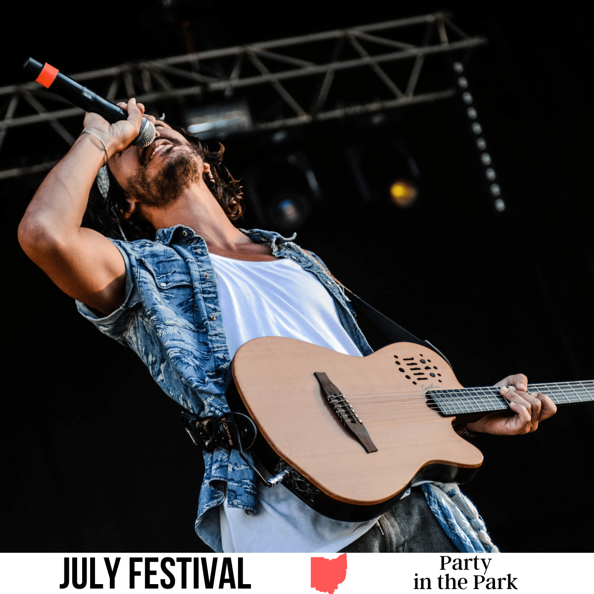 square image with a photo of a guitar-playing singer on stage. A white strip across the bottom has the text July Festival. Party in the Park