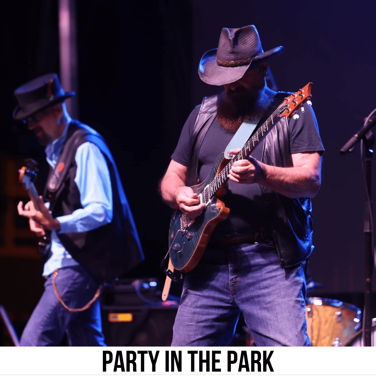 square image with a photo of a band on stage. A white strip across the bottom has the text Party in the Park