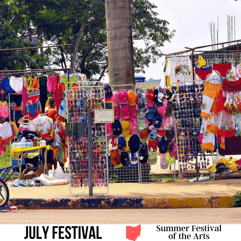 square image with a photo of a craft fair booth. A white strip across the bottom has the text July Festival. Summer Festival of the Arts