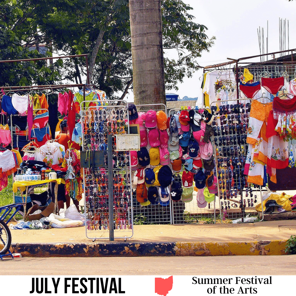 square image with a photo of a craft fair booth. A white strip across the bottom has the text July Festival. Summer Festival of the Arts