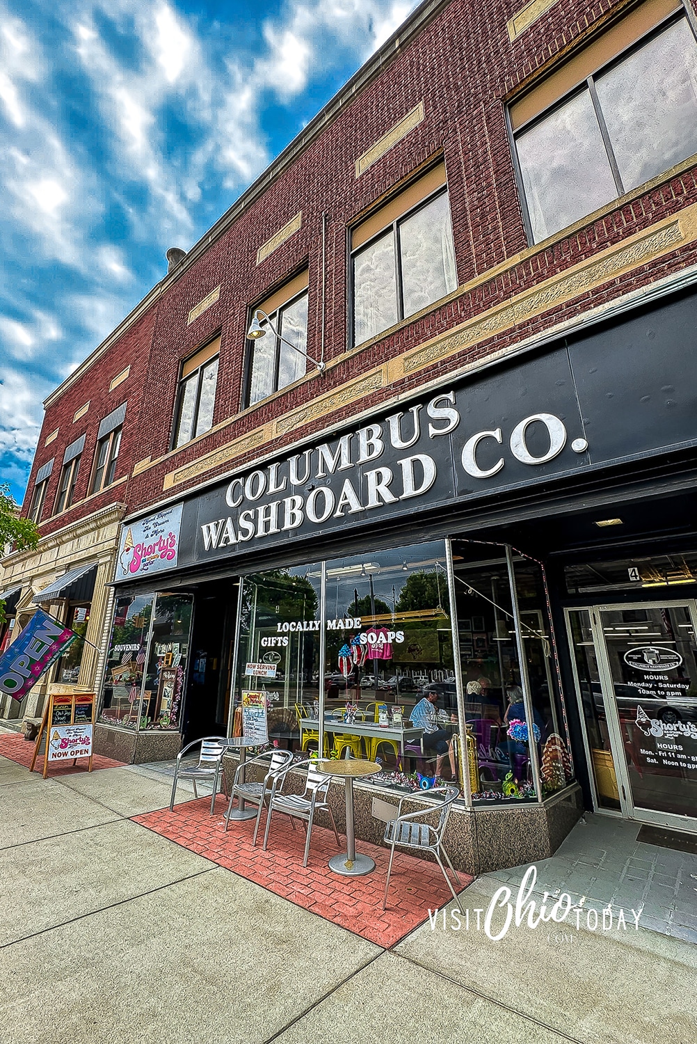 vertical photo of the outside of the Columbus Washboard Company shop. Photo credit: Cindy Gordon of VisitOhioToday.com