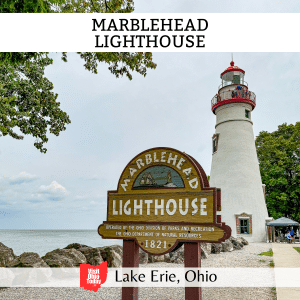 square image with a photo of the lighthouse with the entrance sign in the foreground. A white strip across the top has the text Marblehead Lighthouse and a white strip across the bottom has the text Lake Erie, Ohio