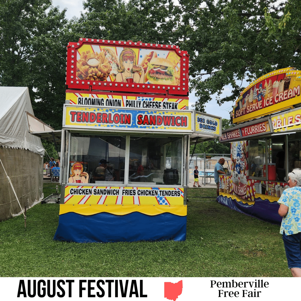 square image with a photo of food vendors at the fair. A white strip across the bottom has the text August Festival Pemberville Free Fair