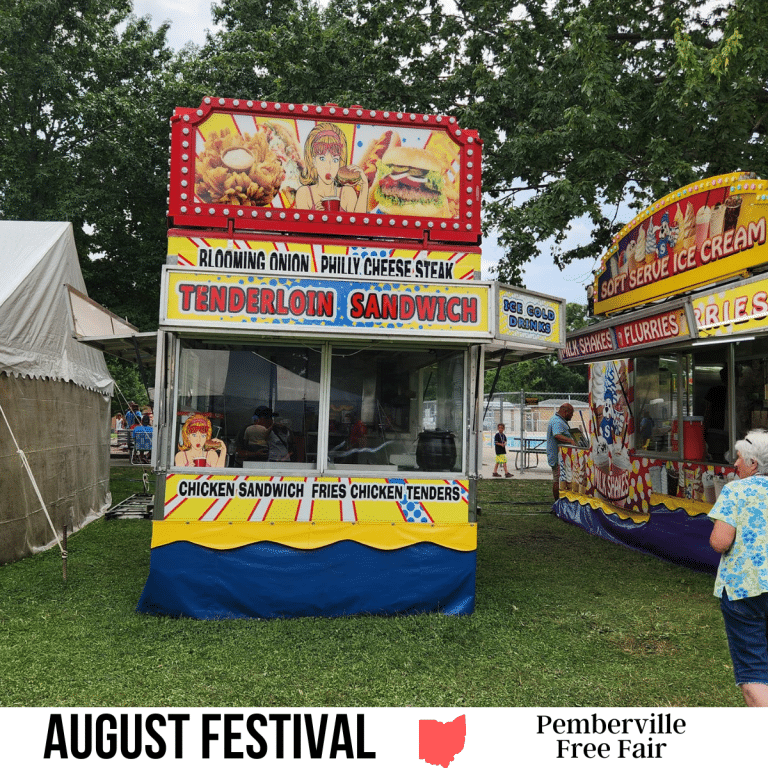 square image with a photo of food vendors at the fair. A white strip across the bottom has the text August Festival Pemberville Free Fair