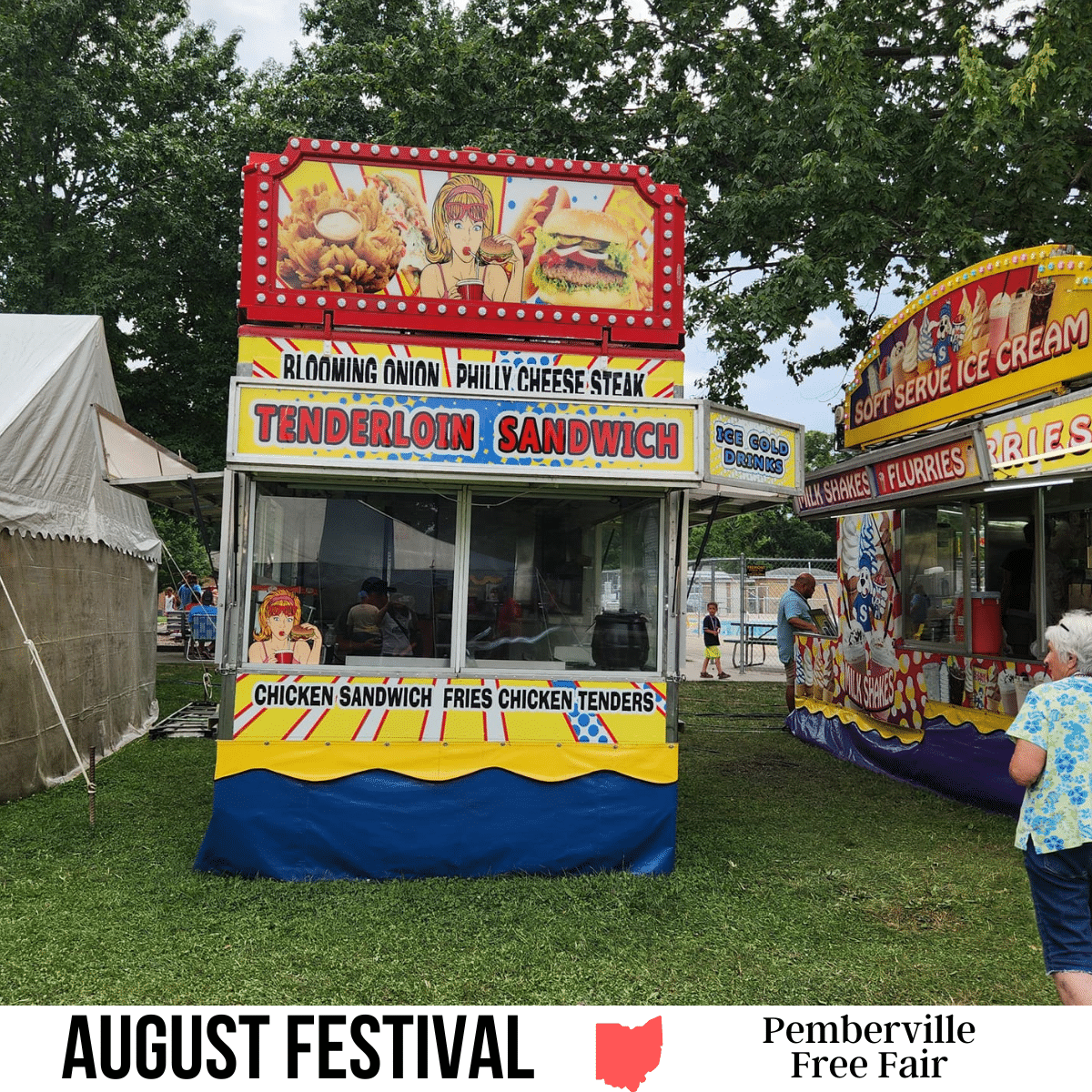 square image with a photo of food vendors at the fair. A white strip across the bottom has the text August Festival Pemberville Free Fair