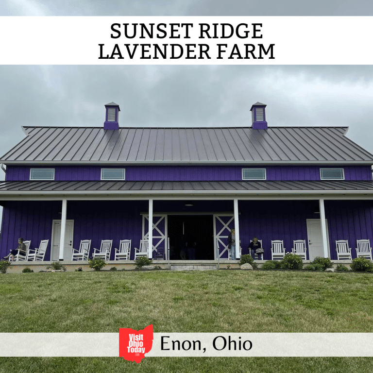 square image with a photo of the porch with rocking chairs at the purple barn. A white strip across the top has the text Sunset Ridge Lavender Farm, and a white strip across the bottom has the text Enon, Ohio