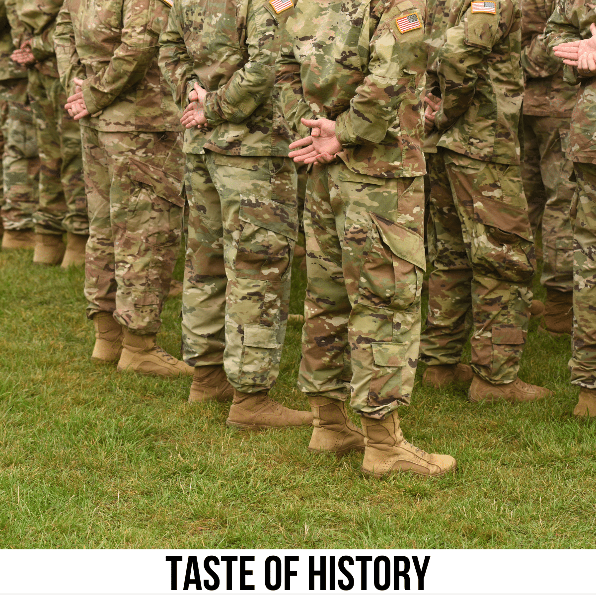 square image with a photo of the legs of as US Army platoon. A white strip across the bottom has the text Taste of History