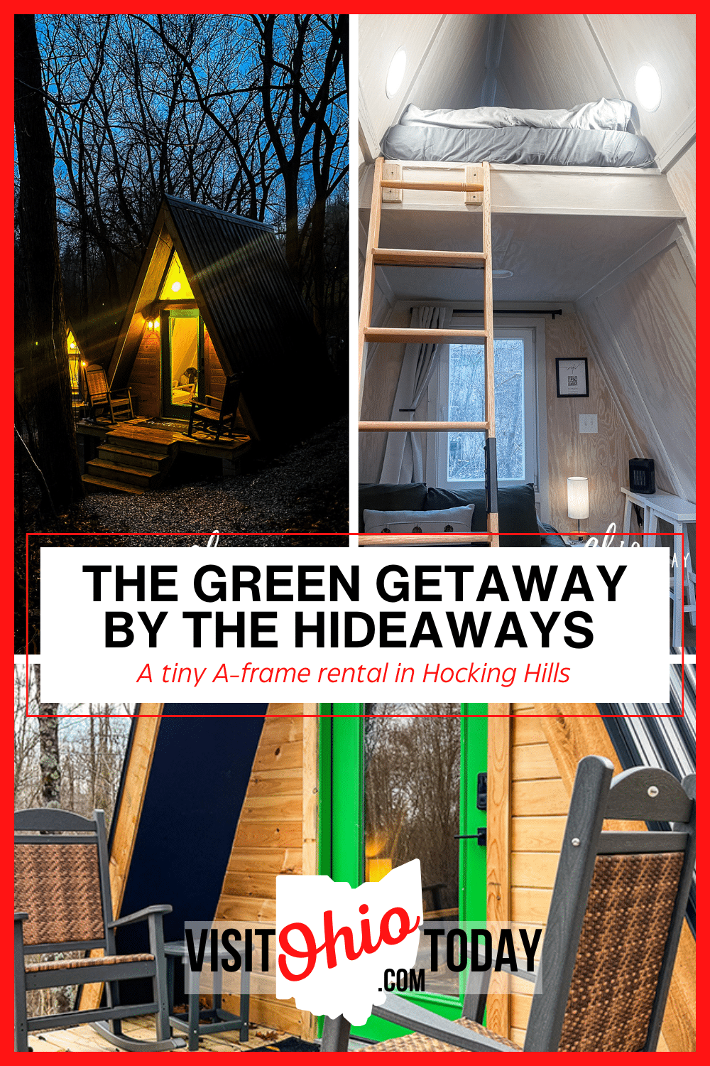 The Green Getaway is an A-frame forest retreat on 12 acres of private land in the heart of Hocking Hills. A stunning glamping getaway!