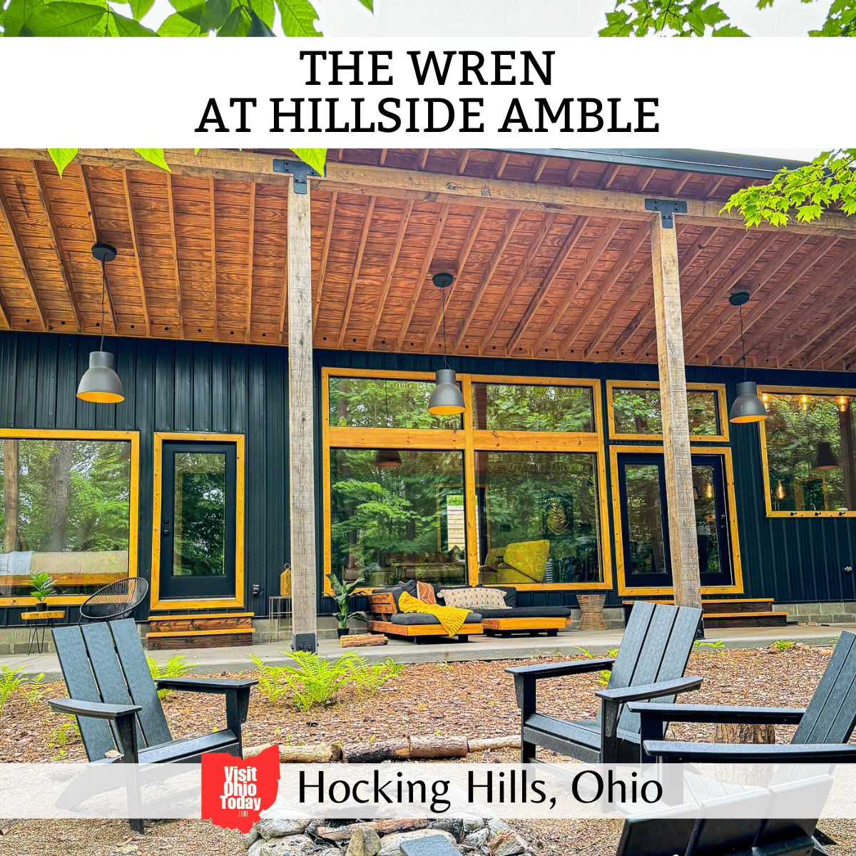 square image with a photo of the outside of the Wren and the patio area. A white strip across the top has the text The Wren at Hillside Amble, and a white strip across the bottom has the text Hocking Hills, Ohio