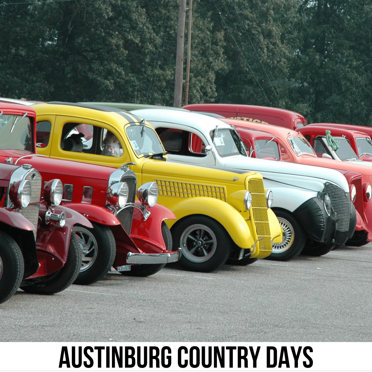 square image with a photo of vintage cars at a car show. A white strip across the bottom has the text Austinburg Country Days