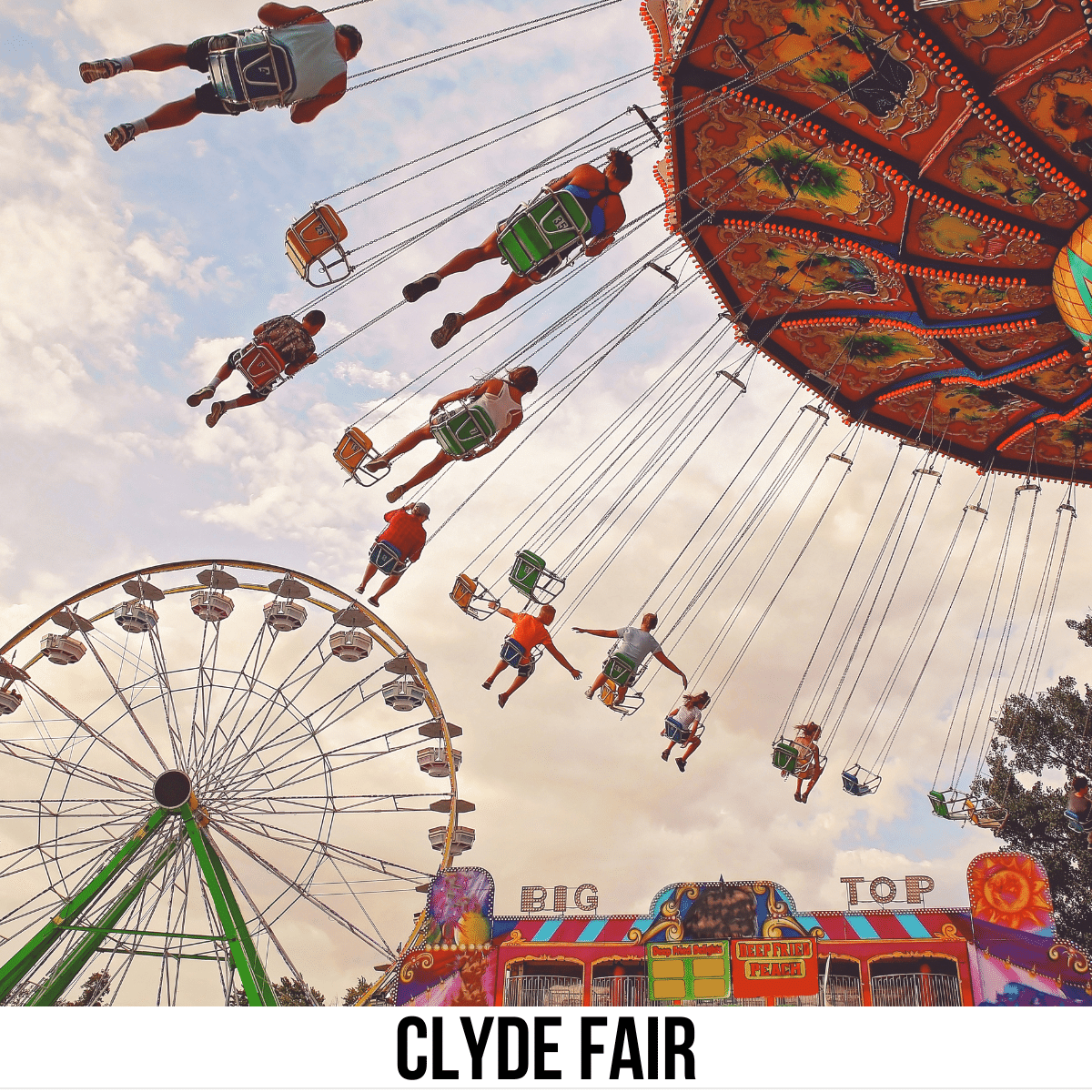 square image with a photo of a swing carnival ride. A white strip across the bottom has the text Clyde Fair