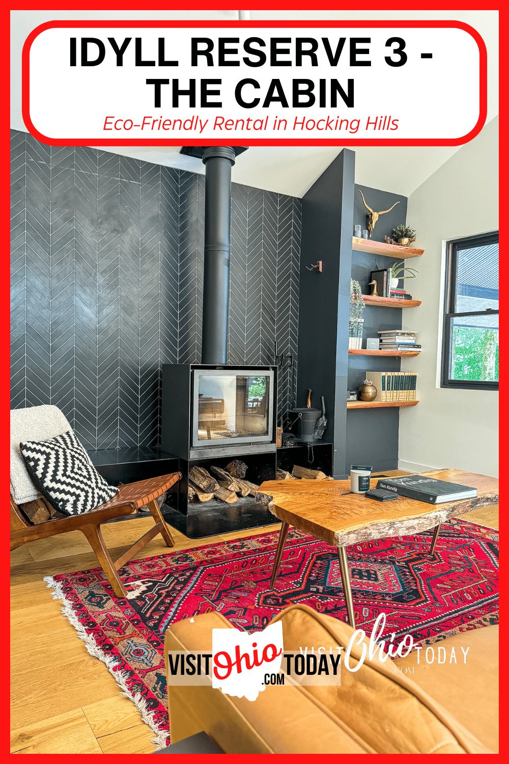 vertical image for Pinterest with a photo of the indoor TV area at The Cabin. A white box at the top contains the text Idyll Reserve 3 - The Cabin. Eco-friendly rental in Hocking Hills