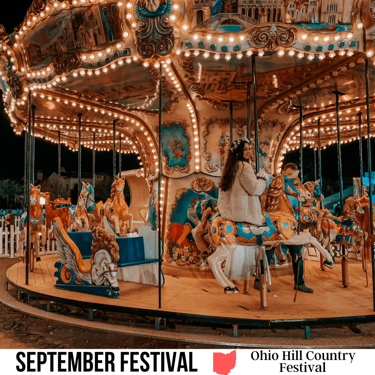square image with a photo of a horse carousel at a fair. A white strip across the bottom has the text September Festival. Ohio Hill Country Festival