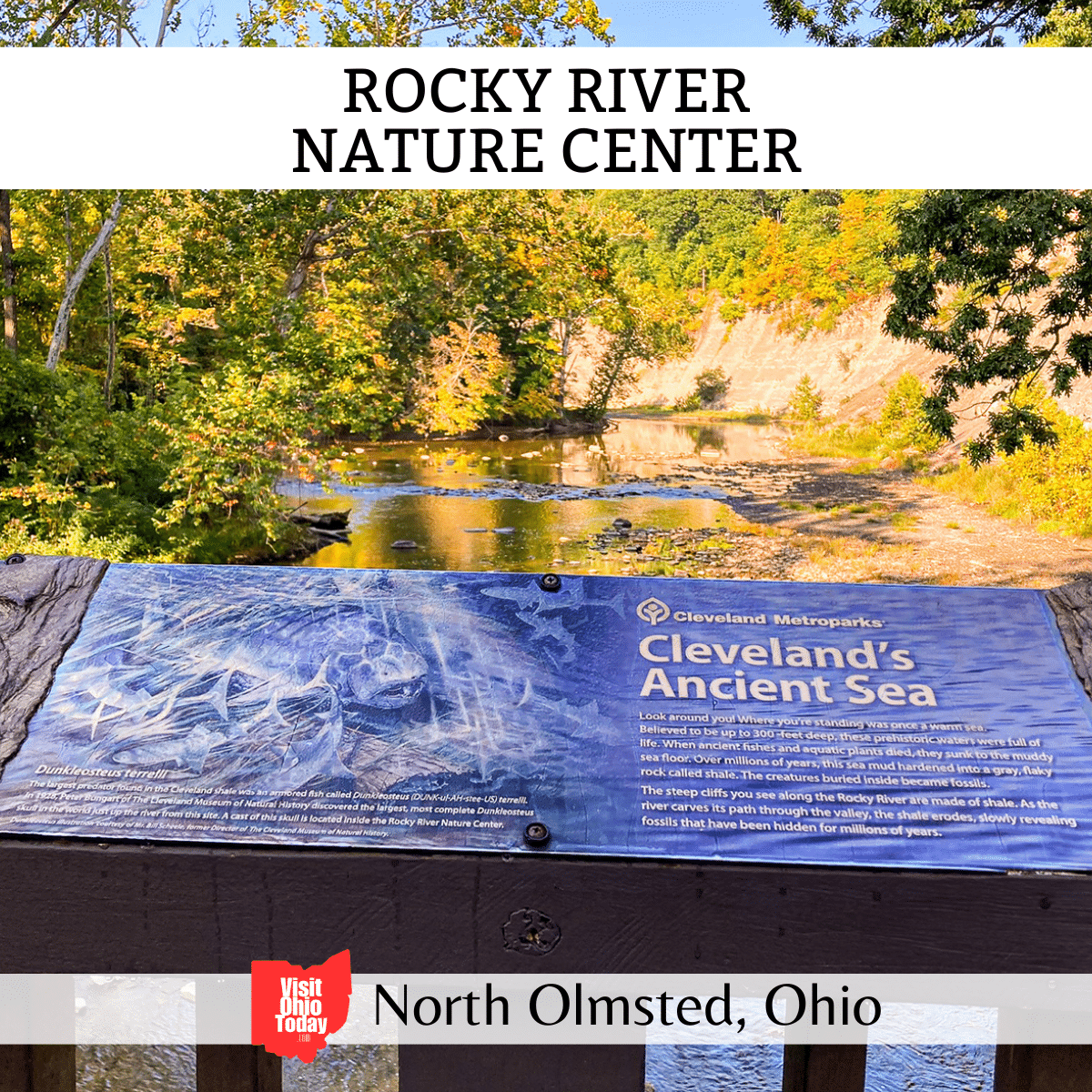 square image with a photo of the history of the river and its inhabitant fish. A white strip across the top has the text Rocky River Nature Center, and a white strip across the bottom has the text North Olmsted, Ohio
