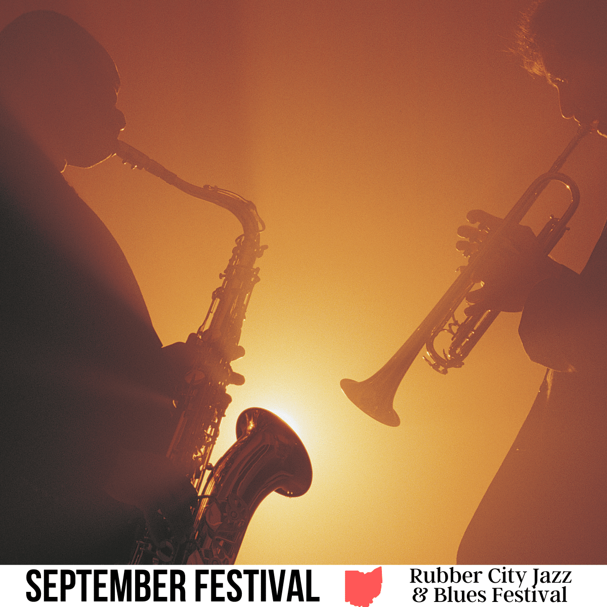 square image with a blurry photo of a saxophonist and a trumpet player. A white strip across the bottom has the text September Festival. Rubber City Jazz and Blues Festival