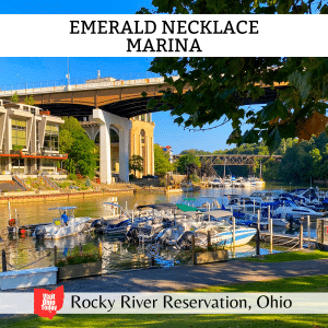 square image with a photo of the marina and the Rocky River. A white strip across the top has the text Emerald Necklace Marina, and a white strip across the bottom has the text Rocky River Reservation, Ohio