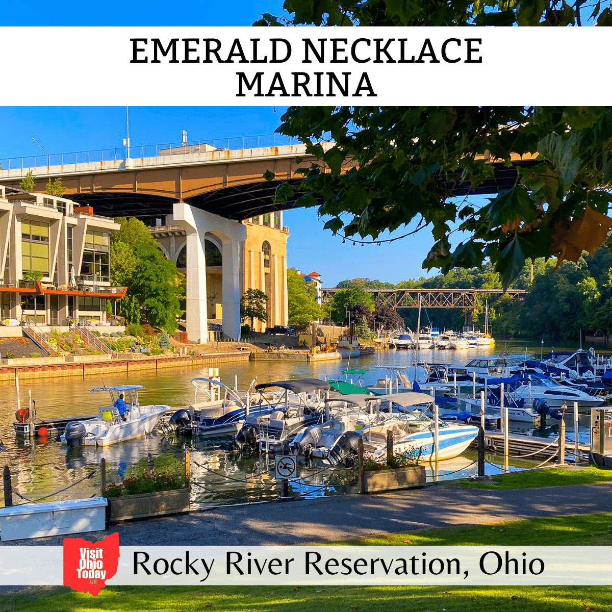 square image with a photo of the marina and the Rocky River. A white strip across the top has the text Emerald Necklace Marina, and a white strip across the bottom has the text Rocky River Reservation, Ohio