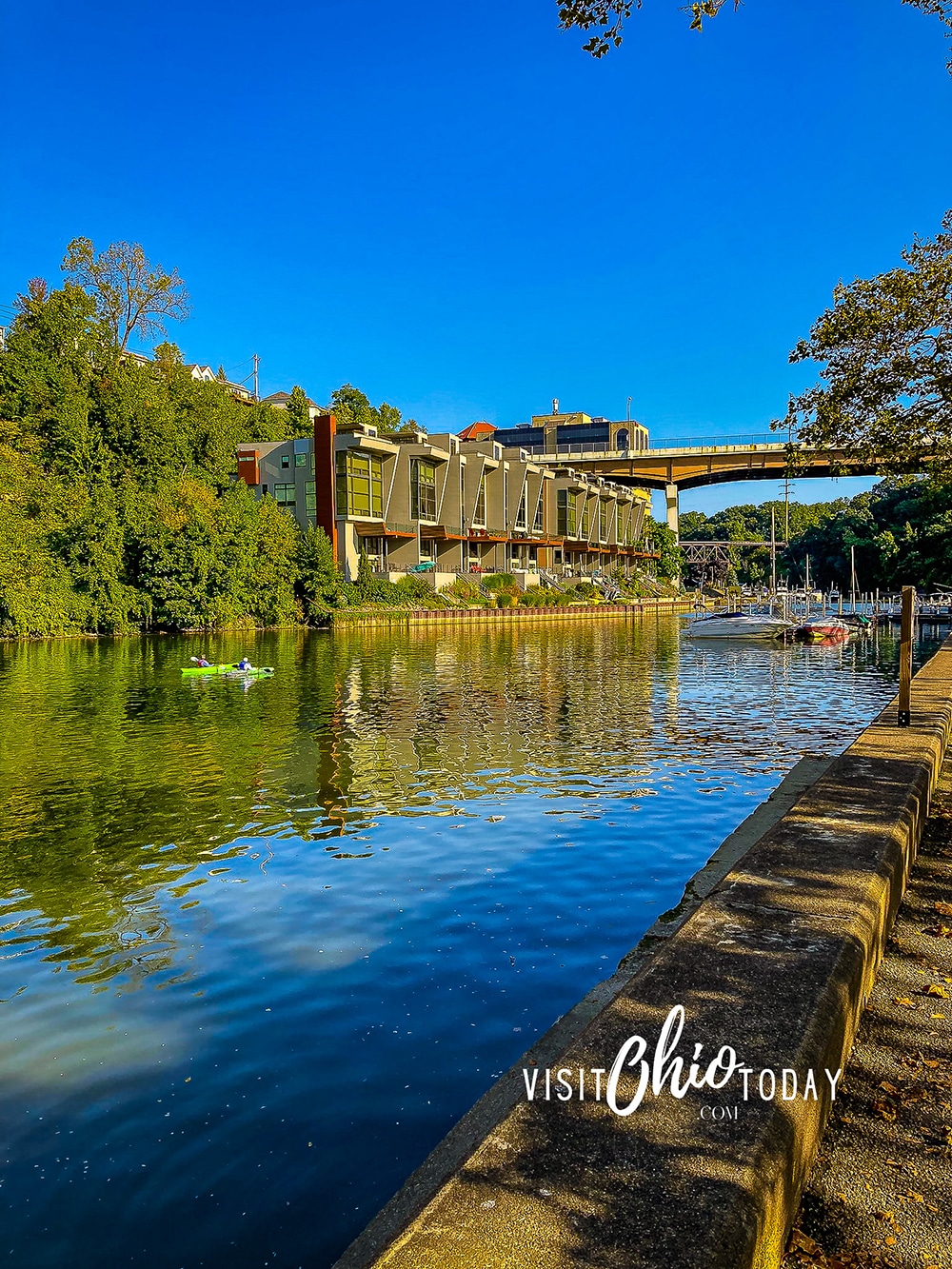 vertical photo of the Emerald Necklace Marina, looking along the Rocky River. Photo credit: Cindy Gordon of VisitOhioToday.com