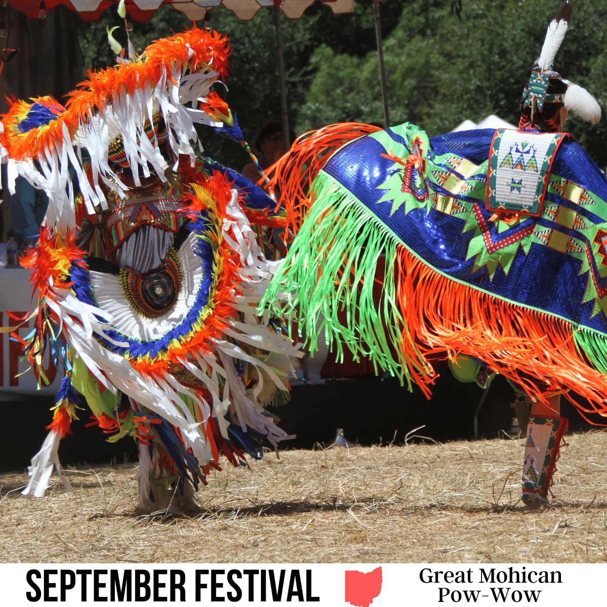 square image with a photo of two people in full native American costume at a pow-wow. A white strip across the bottom has the text September Festival. Great Mohican Pow-Wow