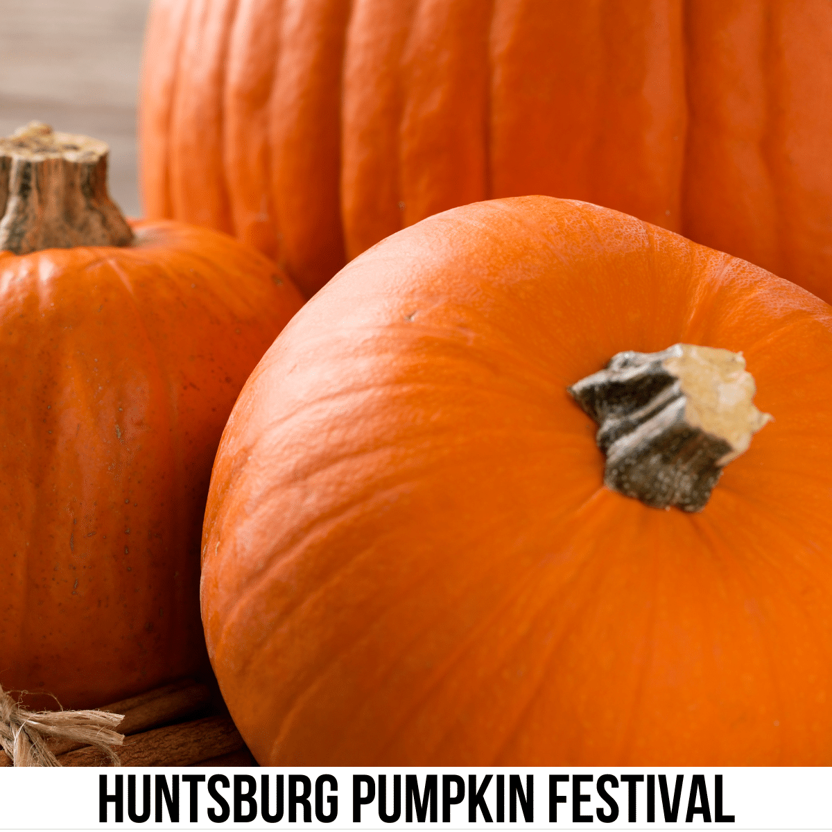 square image with a photo of three orange pumpkins. A white strip across the bottom has the text Huntsburg Pumpkin Festival