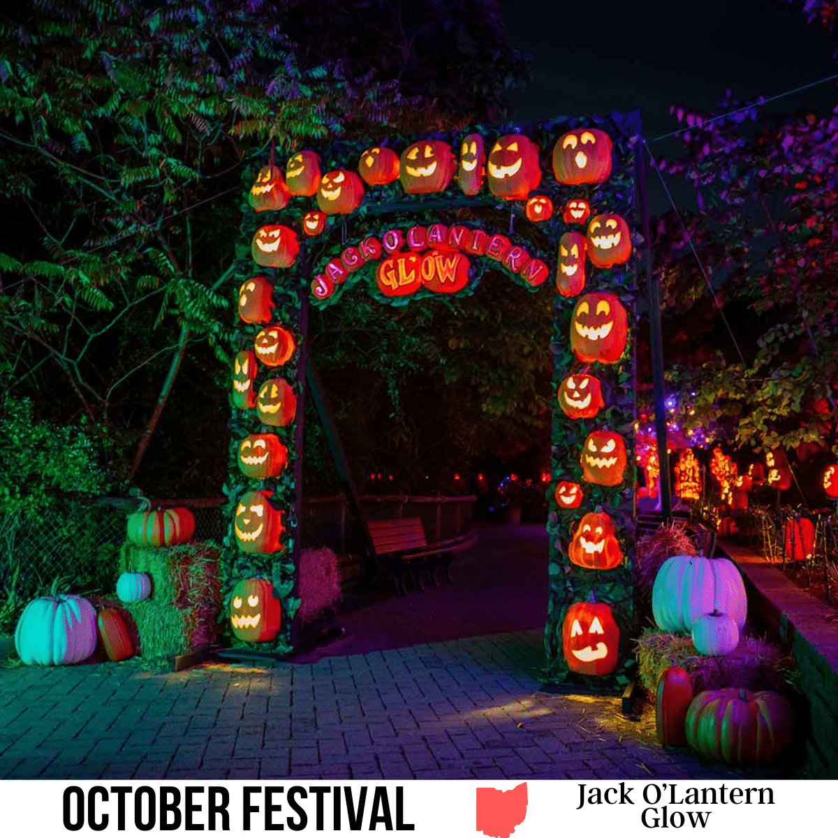 VOT-Jack OLantern Glow-feature image square image with a photo of an arch of lit, carved pumpkins. A white strip across the bottom has the text October Festival, Jack O'Lantern Glow