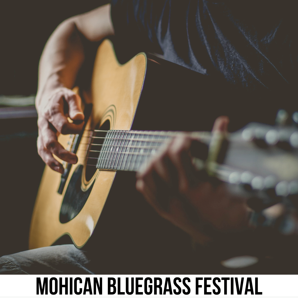square image with a close up photo of an acoustic guitar player. A white strip across the bottom has the text Mohican Bluegrass Festival