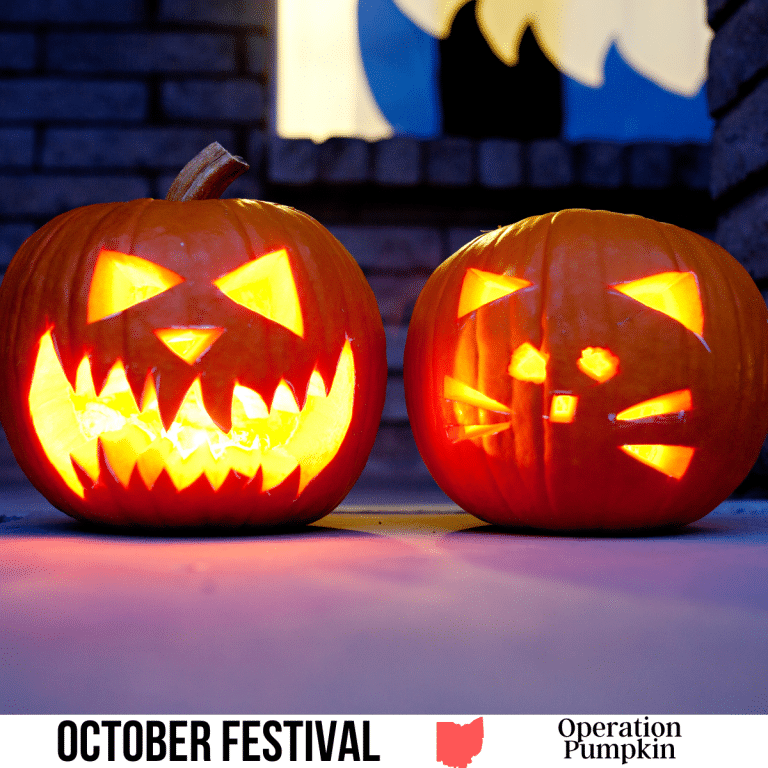 square image with a photo of two carved and lit pumpkins. A white strip across the bottom has the text October Festival Operation Pumpkin