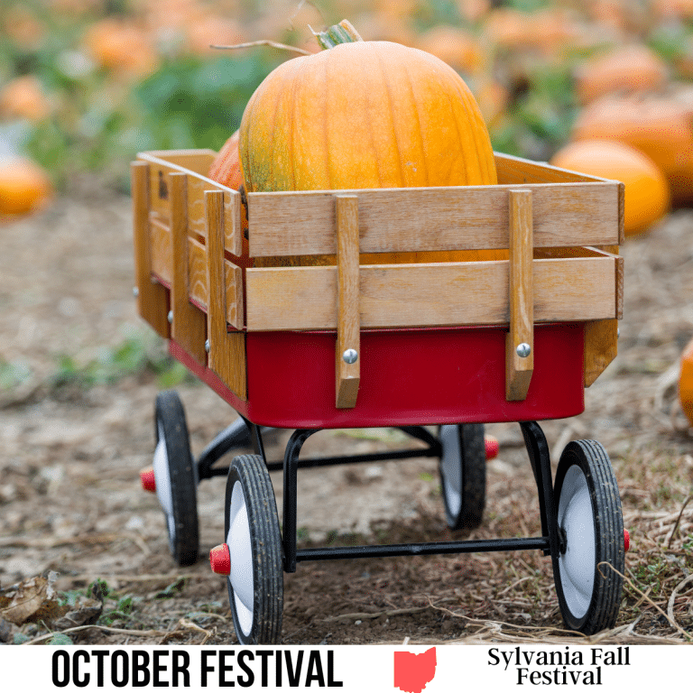 square image with a photo of a couple of large orange pumpkins in a pull-along cart. A white strip across the bottom has the text October Festival, Sylvania Fall Festival