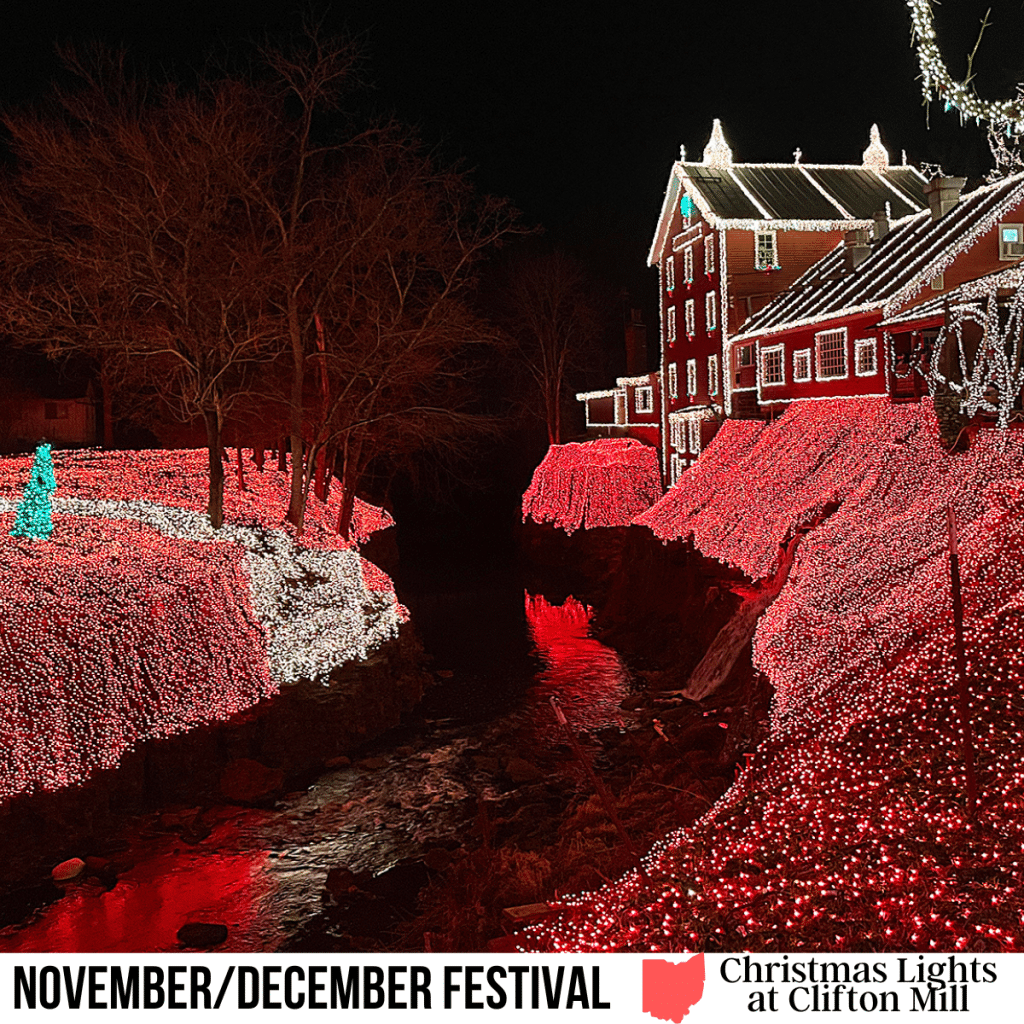 square image with a photo of the mill and waterfall of lights. A white strip across the bottom has the text November/December Festival, Christmas Lights at Clifton Mill
