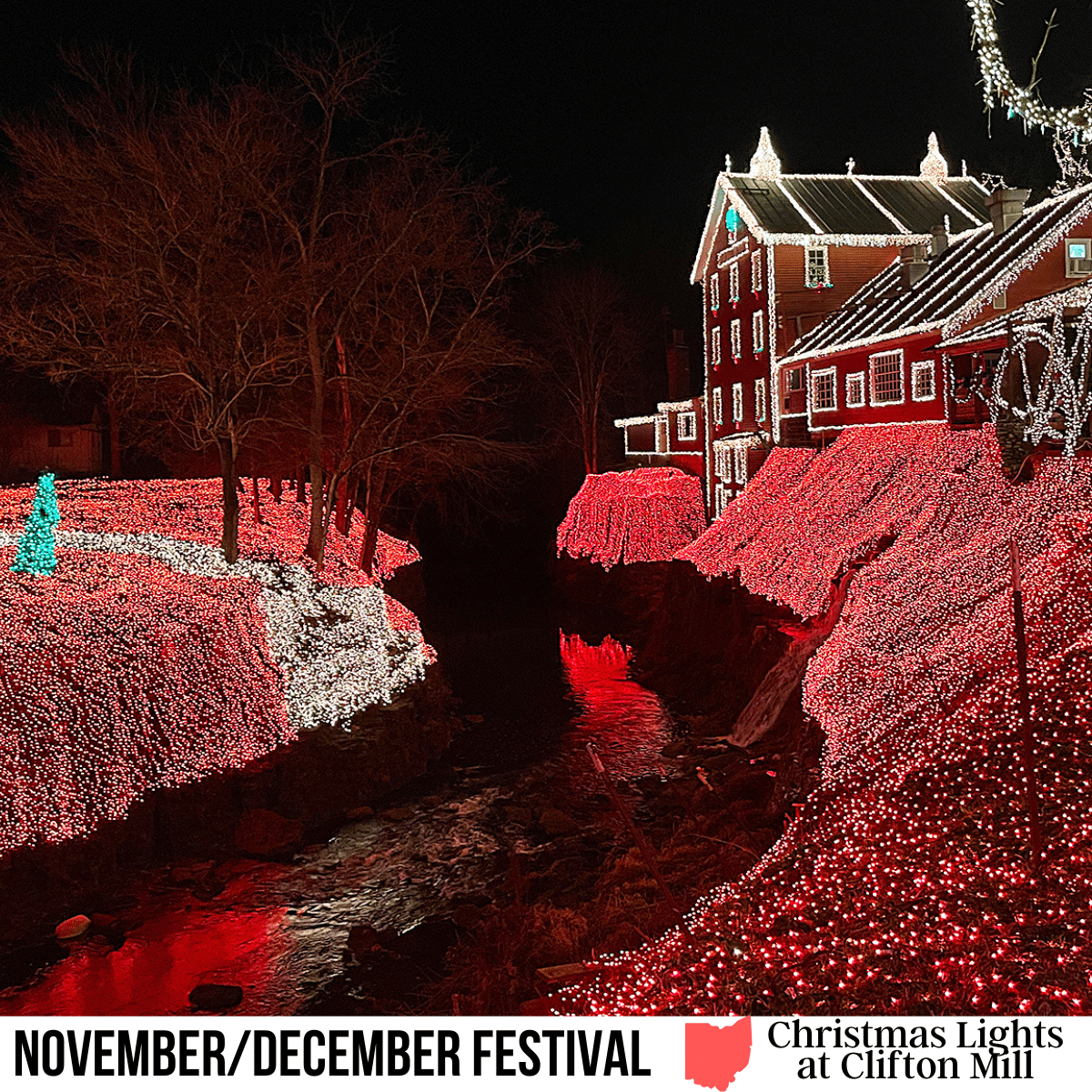 square image with a photo of the mill and waterfall of lights. A white strip across the bottom has the text November/December Festival, Christmas Lights at Clifton Mill