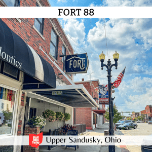 square image with a photo of the outside of the restaurant. A white strip across the top has the text Fort 88, and a white strip across the bottom has the text Upper Sandusky, Ohio