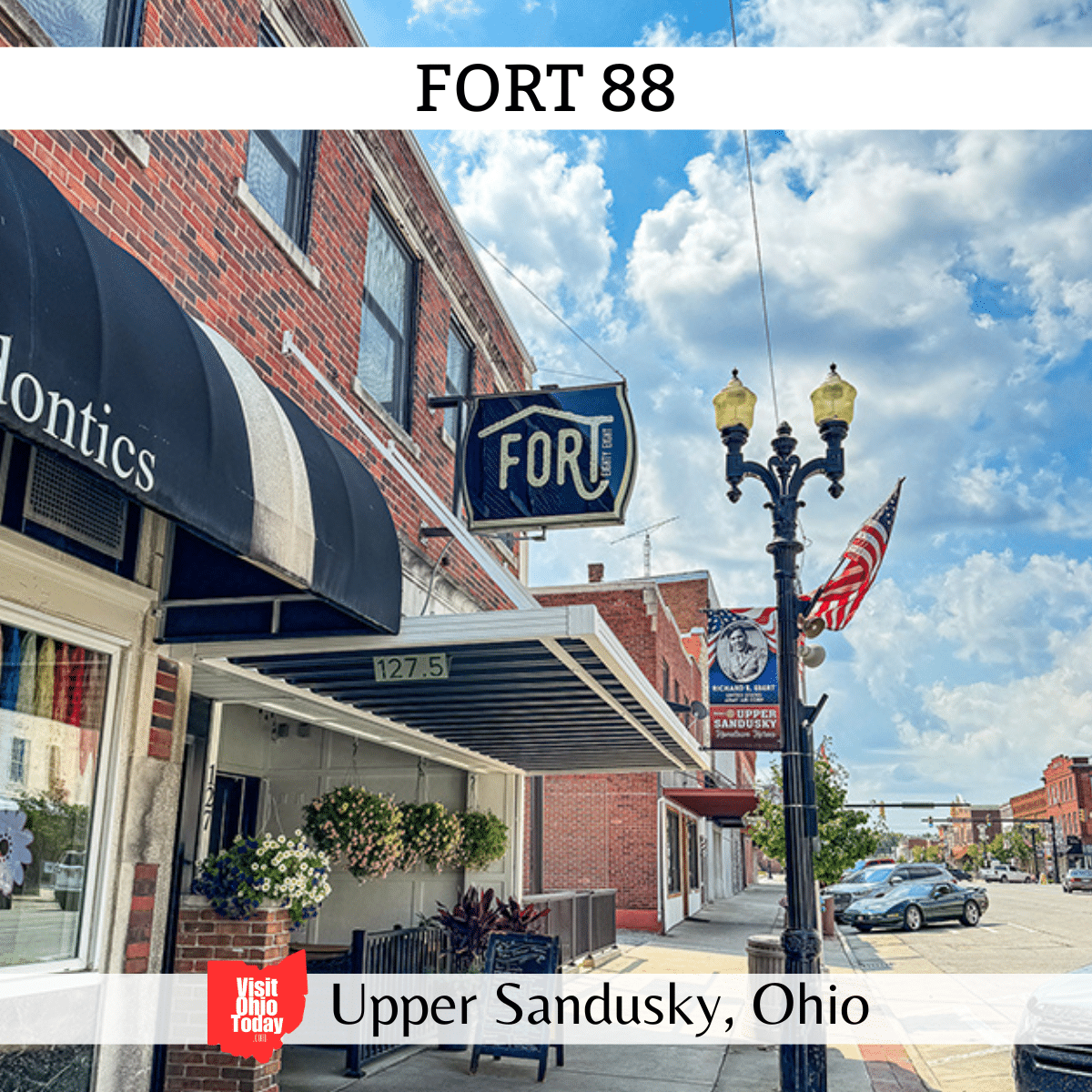 square image with a photo of the outside of the restaurant. A white strip across the top has the text Fort 88, and a white strip across the bottom has the text Upper Sandusky, Ohio
